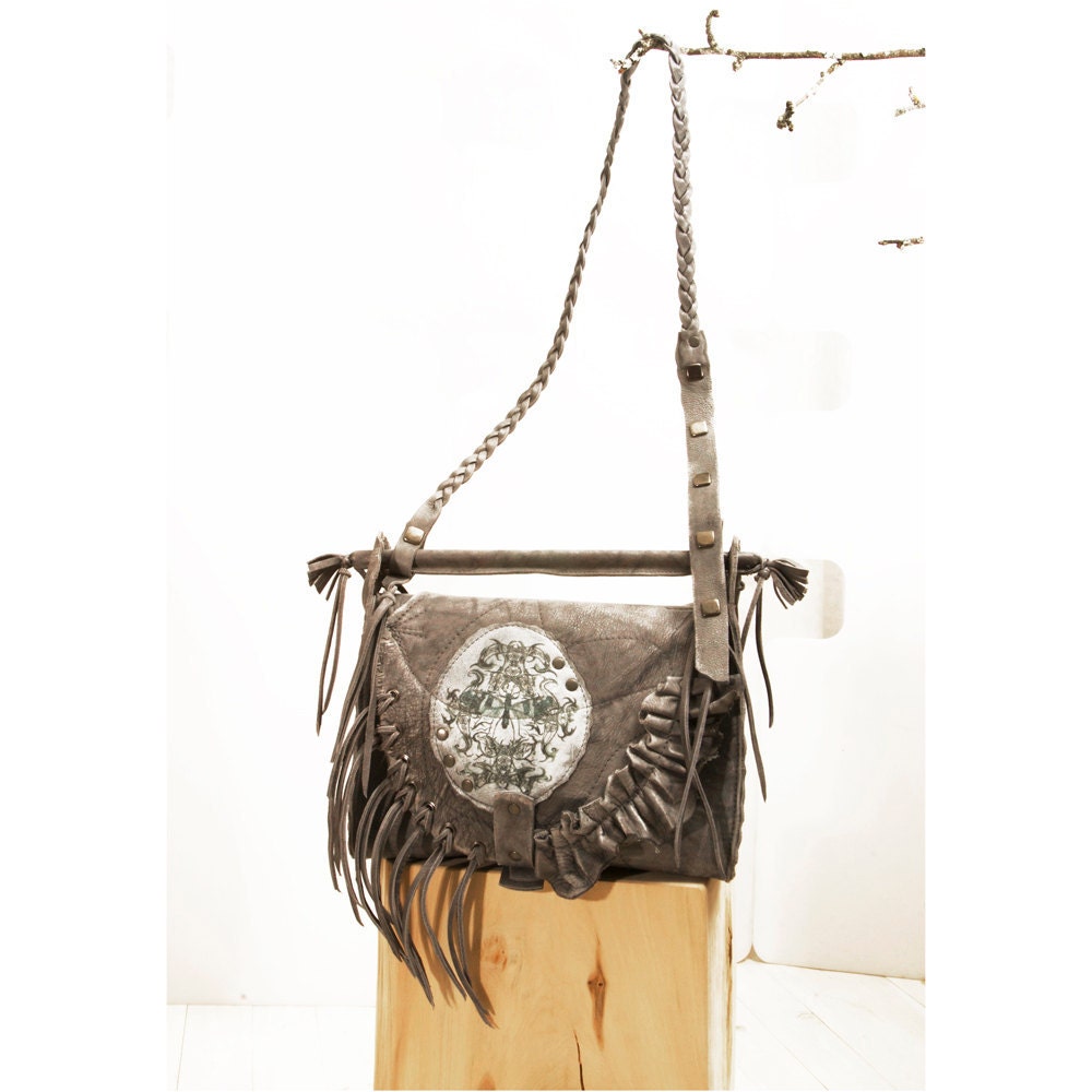 Gray Leather Bag UTU Convertible Purse slate stone messenger handbag
