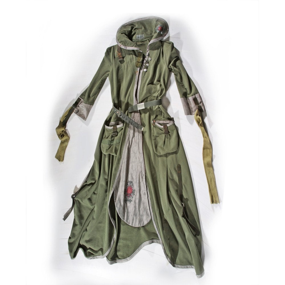 Khaki Green Tea Party - Coat and Dress all in one - Convertible shape and style - Urban Guerrilla Fashion - Haute Couture Wearable Art -