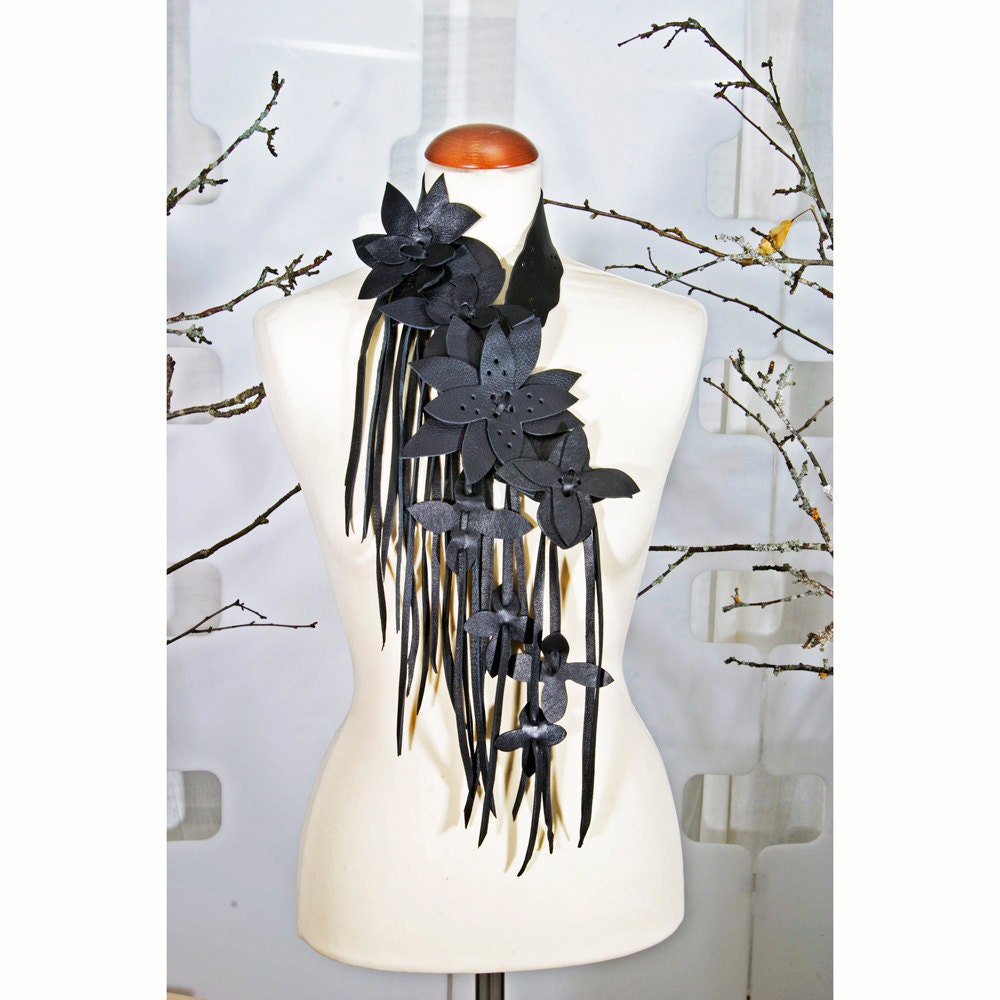 Black Orchid Leather Necklace Cascade choker - handmade - Noir - fringe collar - sexy wearable Art -