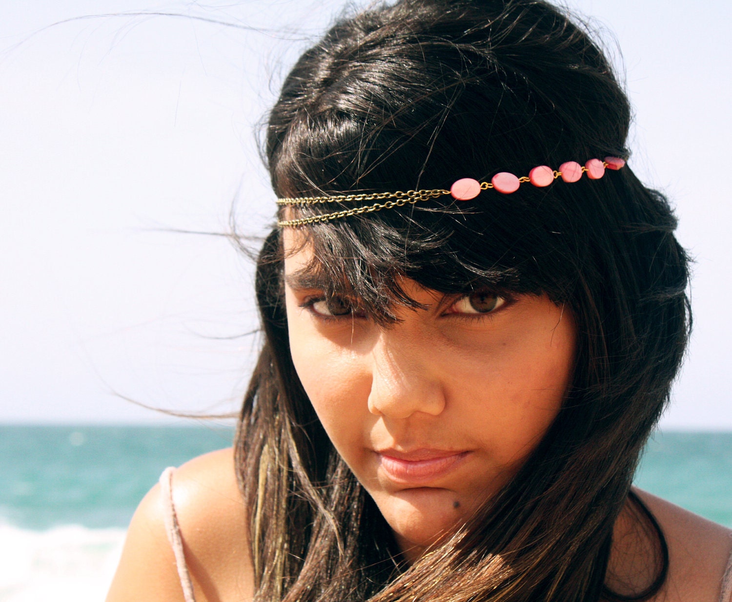 Chain Headpiece Headband Hair Piece  Bohemian Hipster Boho Hippie Bronze Coral Pink Mother of Pearl Bridal Statement Jewelry