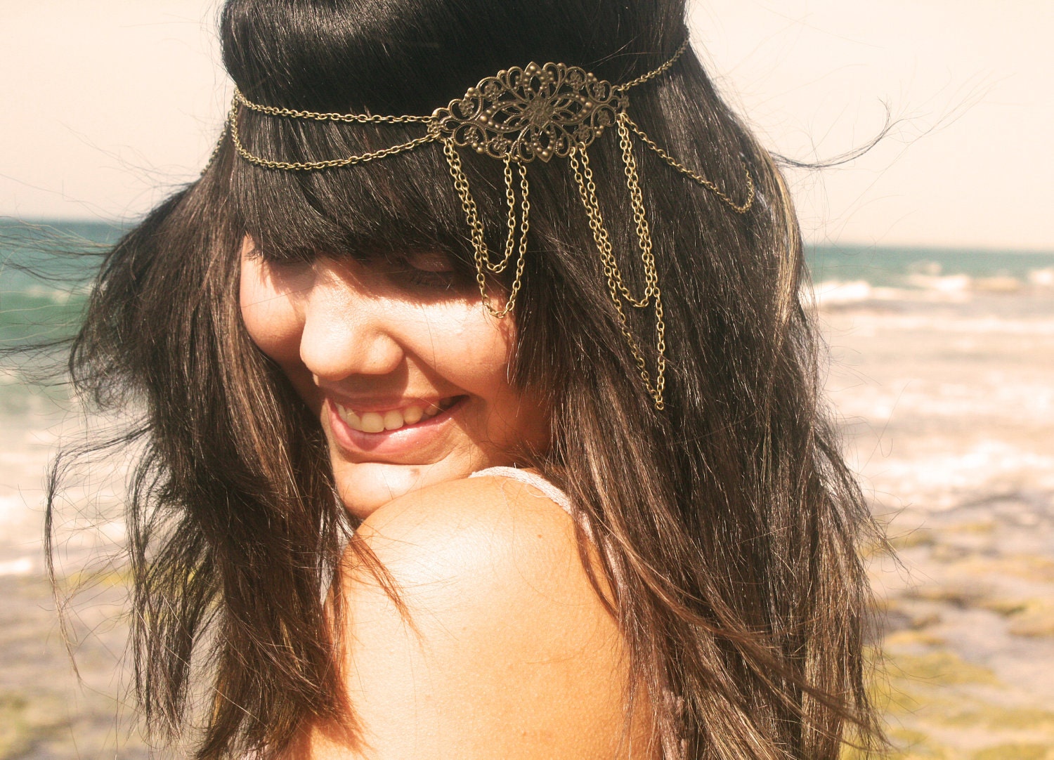 Chain  Headpiece Headband Hair Piece Bohemian Hipster Boho Hippie Bronze Floral Long Centerpiece Four Drape Bridal  Jewelry