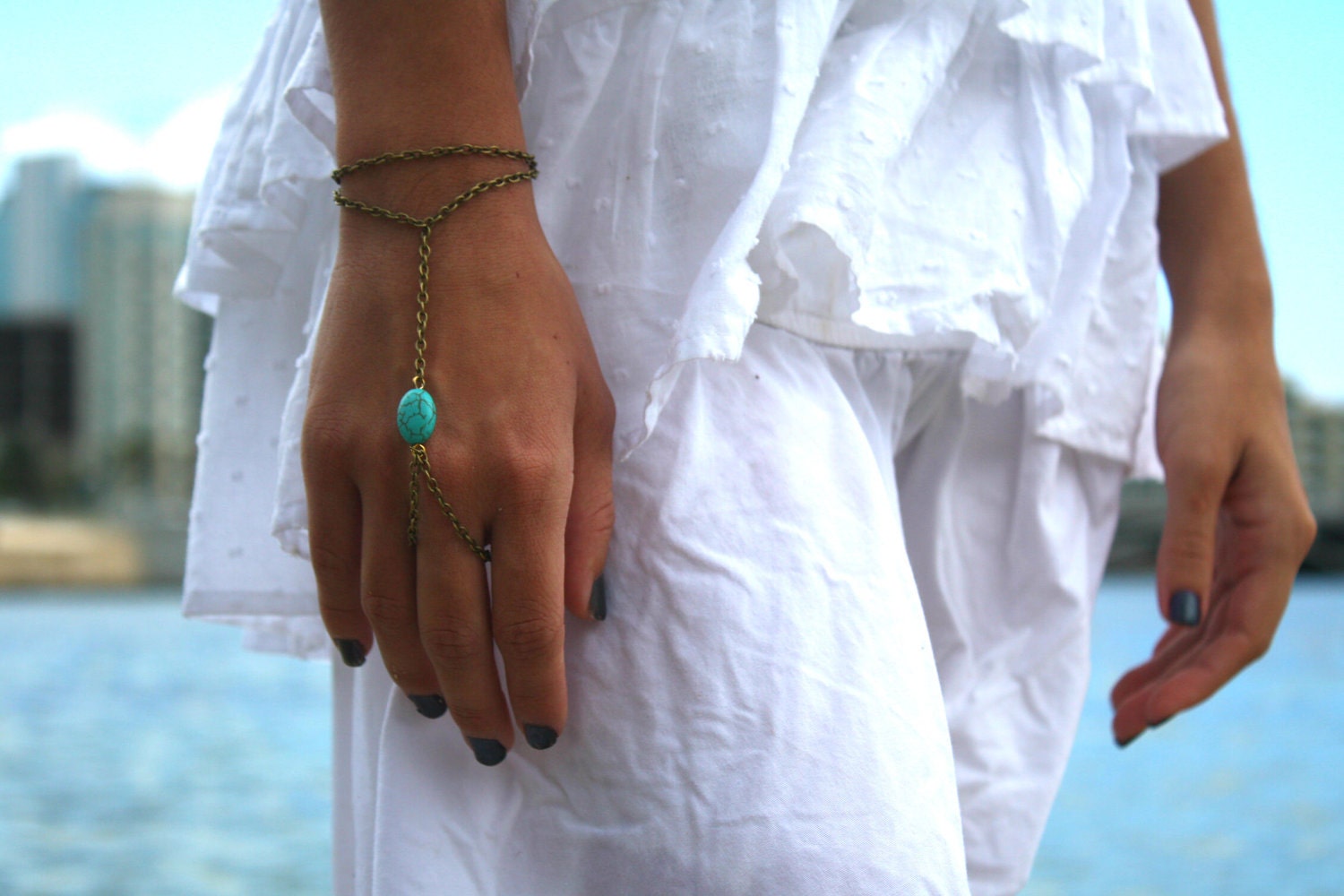 Slave Bracelet Hand Bracelet Piece Hipster Bronze Chain Boho Bohemian One Turquoise Bead Two Strand Hand Jewelry