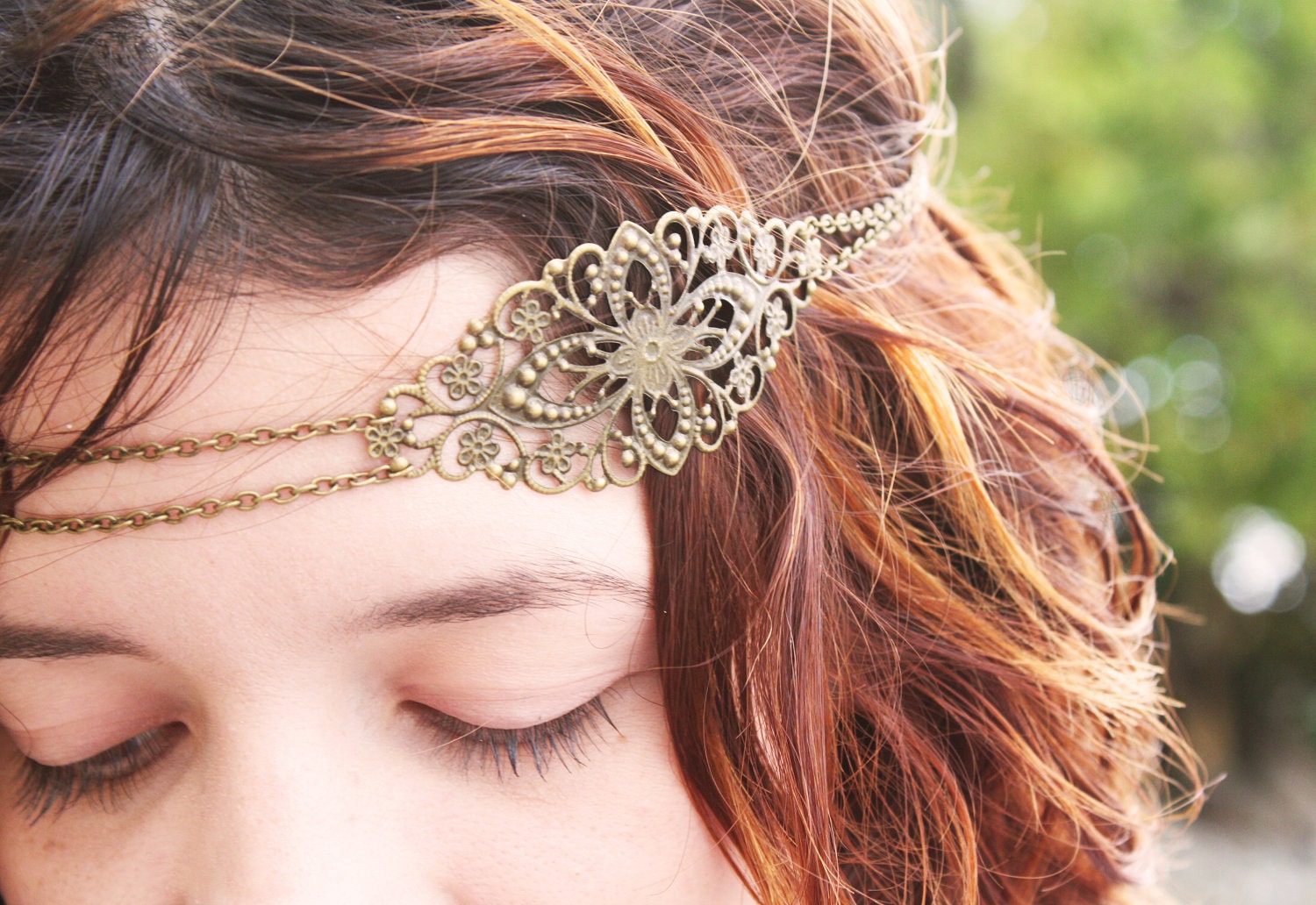 Chain Headpiece Headband Hair Piece Bohemian Hipster Boho Hippie Bronze Floral Long Centerpiece Bridal Statement Jewelry