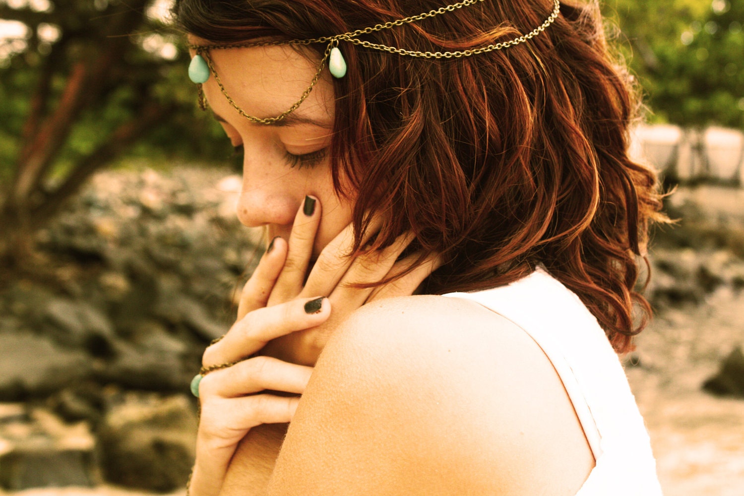 Chain Headpiece Headband Hair Piece Bohemian Hipster Boho Hippie Bronze Three Turquoise Stone Drape Bridal Statement Jewelry