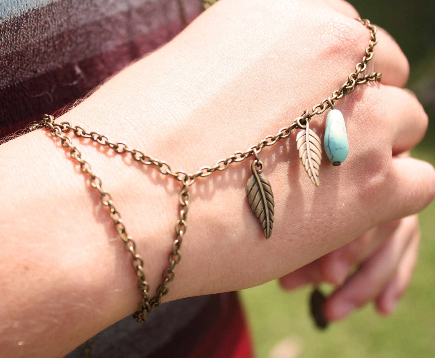 Slave Bracelet Hand Bracelet Piece Turquoise Hipster Bronze Chain Bohemian Feather Leaf Charm Two Strand Ring Finger Hand Jewelry