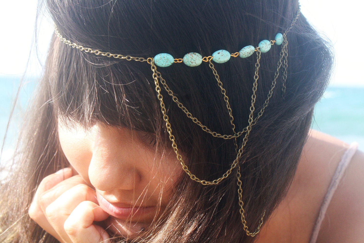 Chain Headpiece Headband Bohemian Hipster Boho Hippie Bronze Turquoise Three Draped Bridal Statement Jewelry