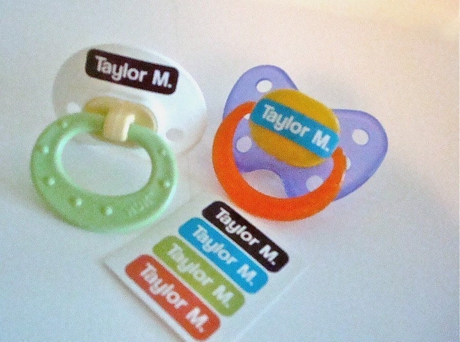 Groovy set - TINY waterproof pacifier, bottle, sippy cup labels - set of 48 vinyl name stickers in assorted colors and block font
