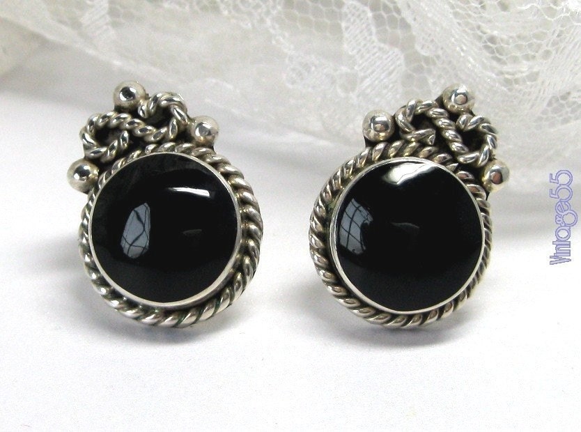 Vintage Earrings Sterling Onyx clip on Mexico