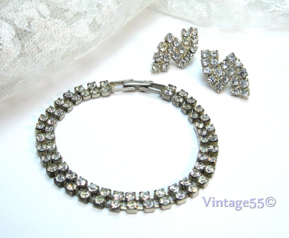 Vintage Bracelet Rhinestones Earrings pierced post
