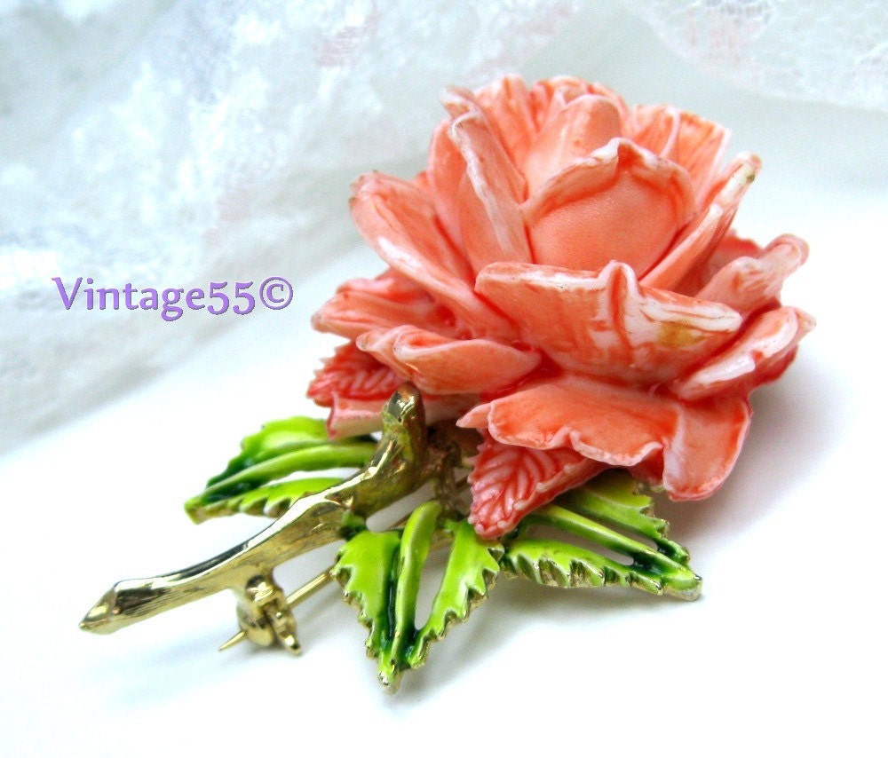 Vintage Brooch Stemmed Coral Rose Pell