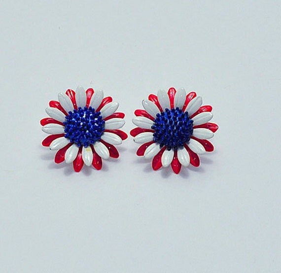 Vintage 1960s Red White Blue Floral Enamel Earrings