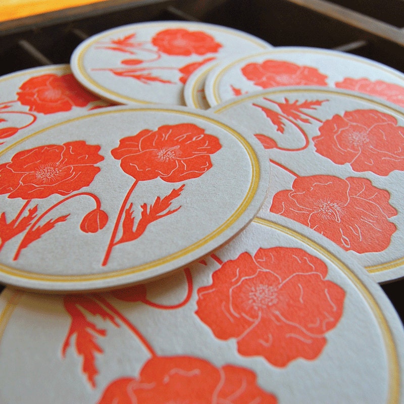 Poppy coaster- Letterpress printed, SET of 8