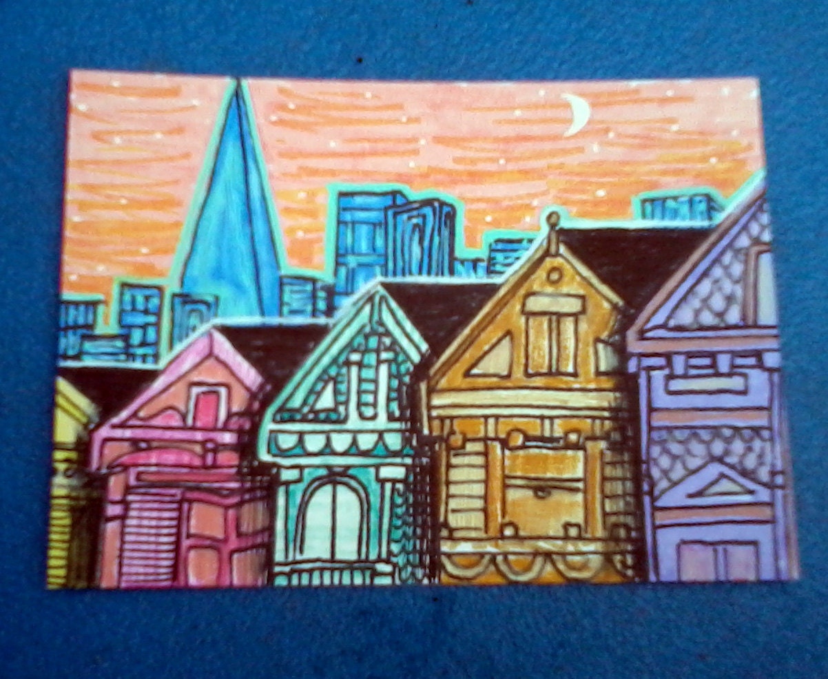 San Francisco ACEO ATC Art Card Original Illustration Sunset City Dusk