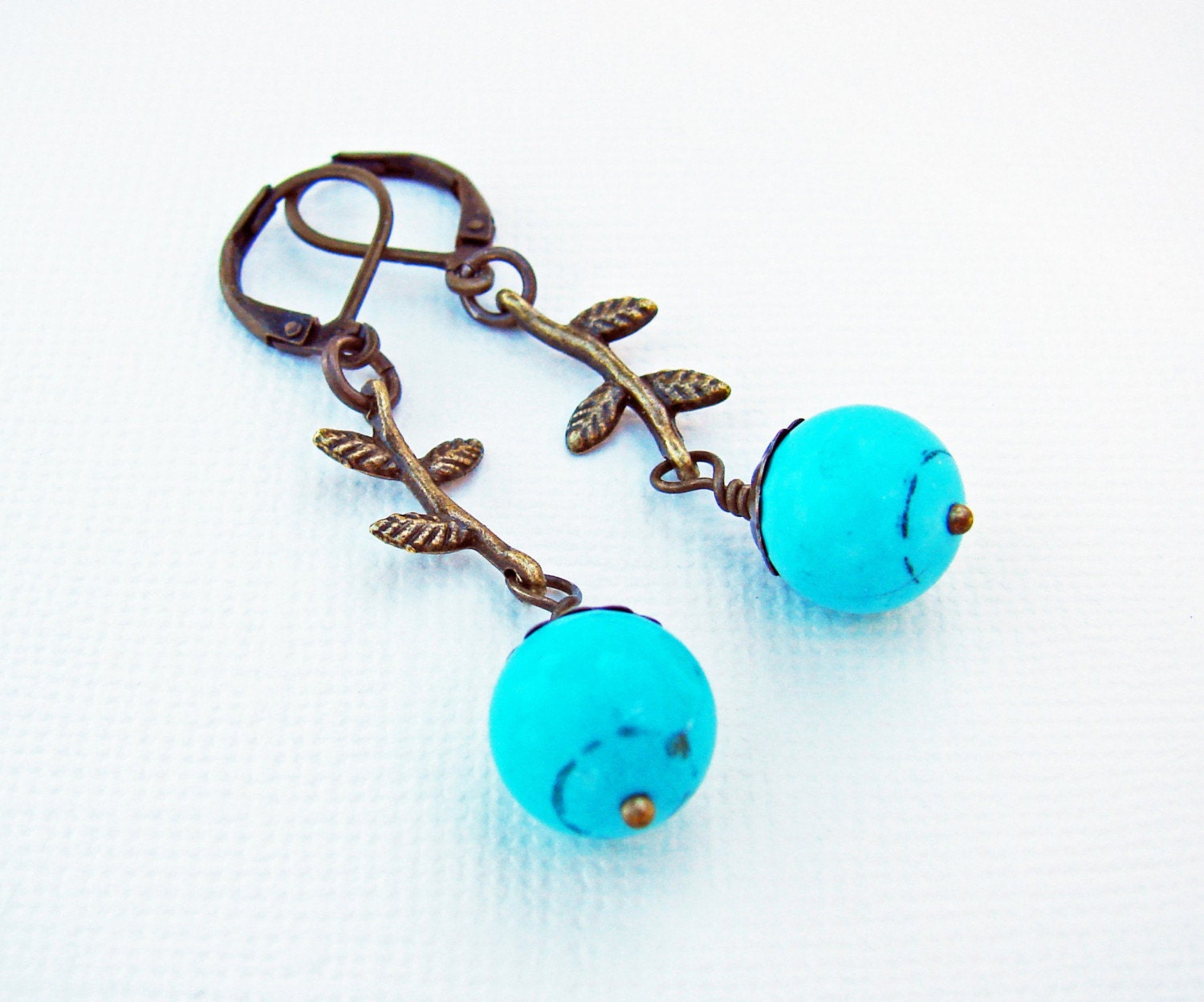 Turquoise Howlite and Brass Twig Earrings