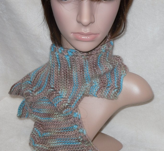 Hand Knit Scarflette Cowl in Soft Browns and Touches of Turquoise Wool and Mohair