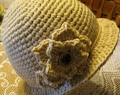 Hand Crocheted Tan Cloche Hat w Flower