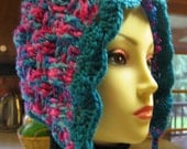 Womans Hat Teal Blue n pinks Basket Weave w Scallops Ties