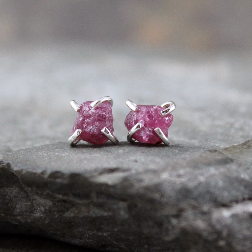 Uncut Raw Rough Red Ruby Earrings - Sterling Silver Stud Style - Rustic Round Shape - Handmade and Designed by A Second Time