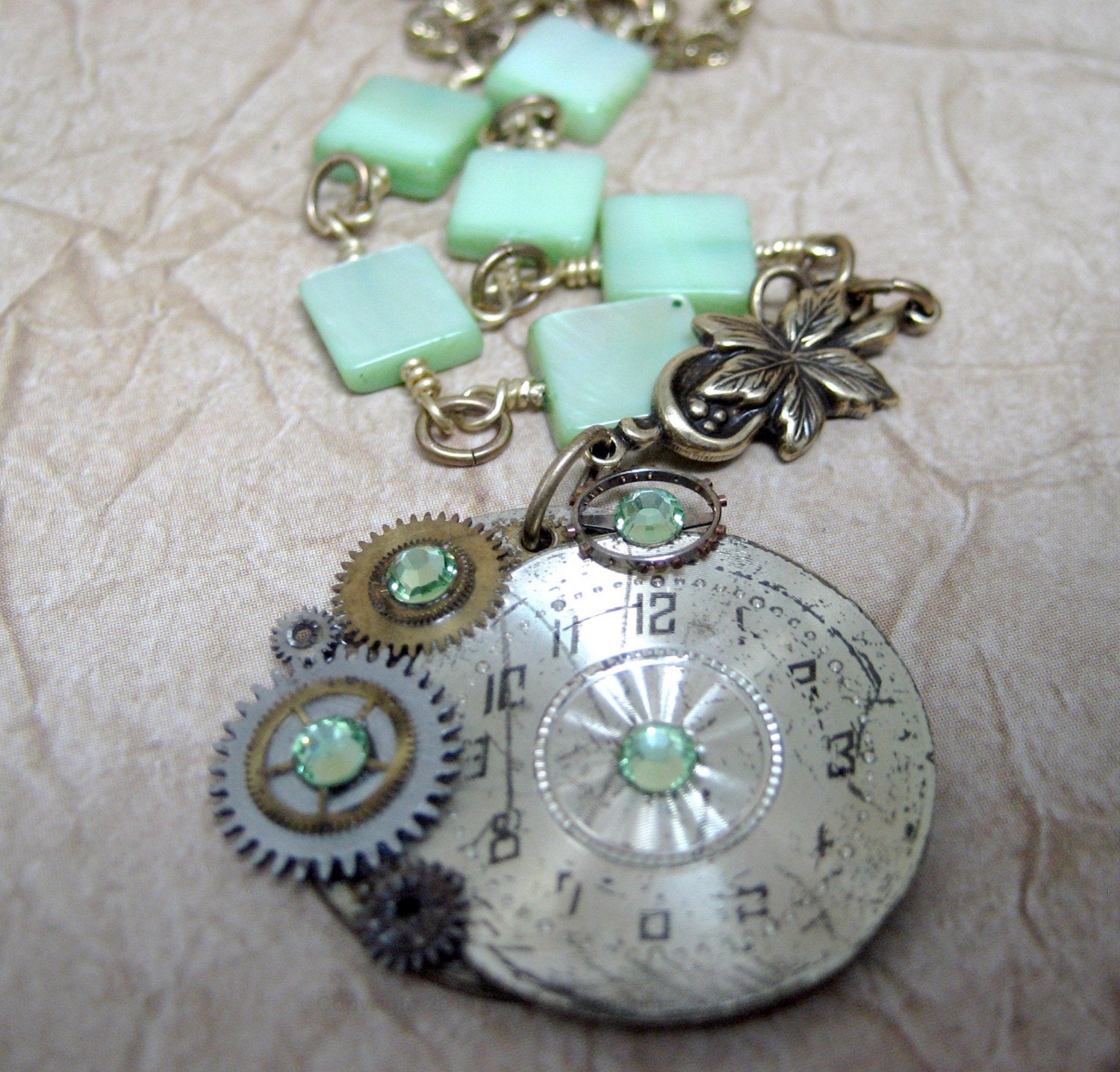 Steampunk Necklace - Mojito - Neo Victorian - Vintage Repurposed Watch Dial Pendant -  Artisan Jewelry Handmade and Designed by A Second Time