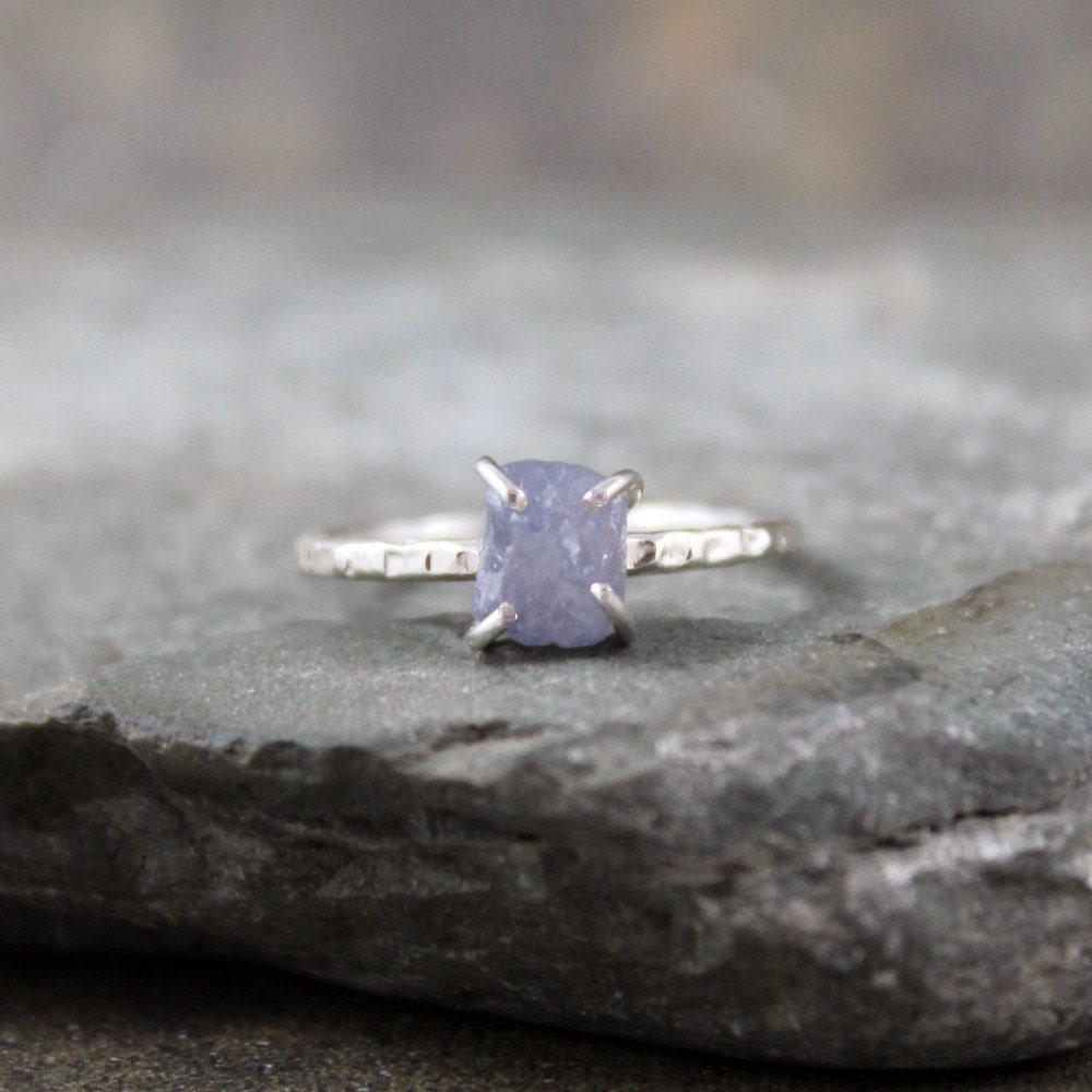 Uncut Raw Rough Powder Blue Sapphire Ring - Sterling Silver Solitaire - Artisan Jewellery - Handmade and Designed by A Second Time