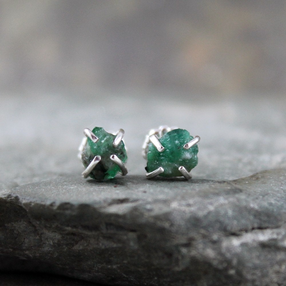 Uncut Raw Rough Emerald Earrings - Sterling Silver Stud Style - Rustic Round Shape - Handmade and Designed by A Second Time
