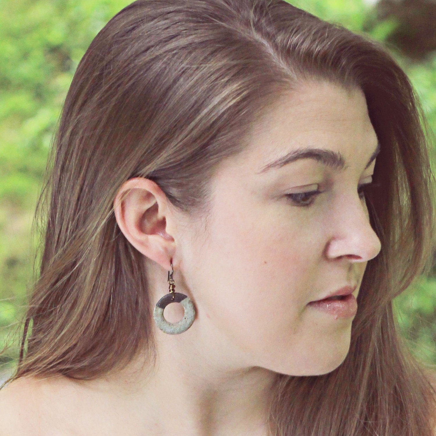 Hoop Earrings Elegant Rustic Handmade Earrings Vintage Boho Earthy Look Chocolate Clay Gray Stone Glaze Color