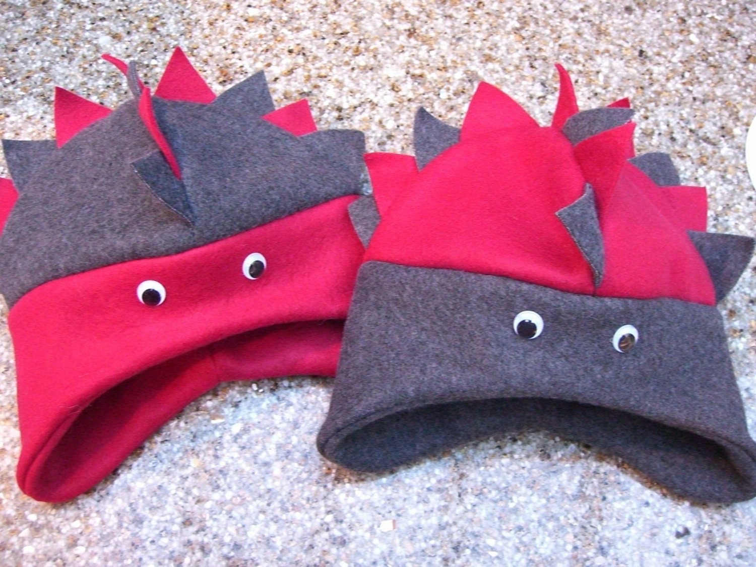 Child DINO HATS, red and gray, Child's Fleece Winter Hat, Costume Dinosaur Hat