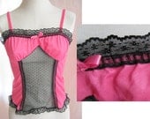 SALE- Vintage Pink Lingerie Top. Black Lace. Nylon. 1980s. Romantic. Feminine. Sexy. Flirty. Fun. Size Medium. Short Top.