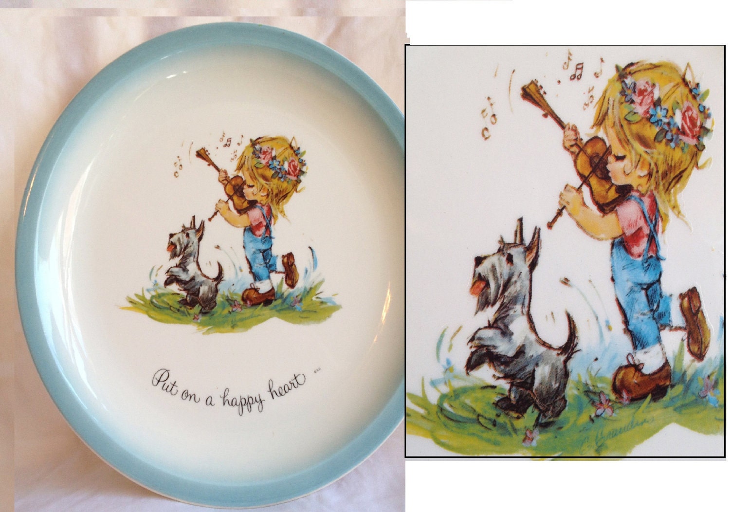 Vintage Gigi Collector's Edition Decorative Plate. Musical Child. Girl. Dog. Flowers. Whimsical. Cute. Home Decor. Country. 1970s.
