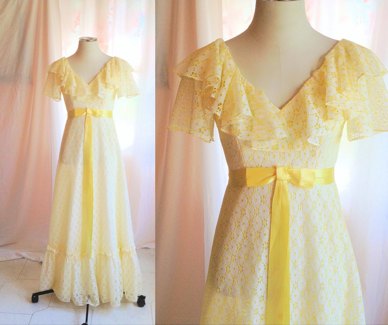SALE- Vintage Eyelet Lace Long Yellow Dress. Maxi. Ruffled. Southern Belle. Day Dress. Garden Party. Pastel. 1970s. Small. Cotton. Prom.