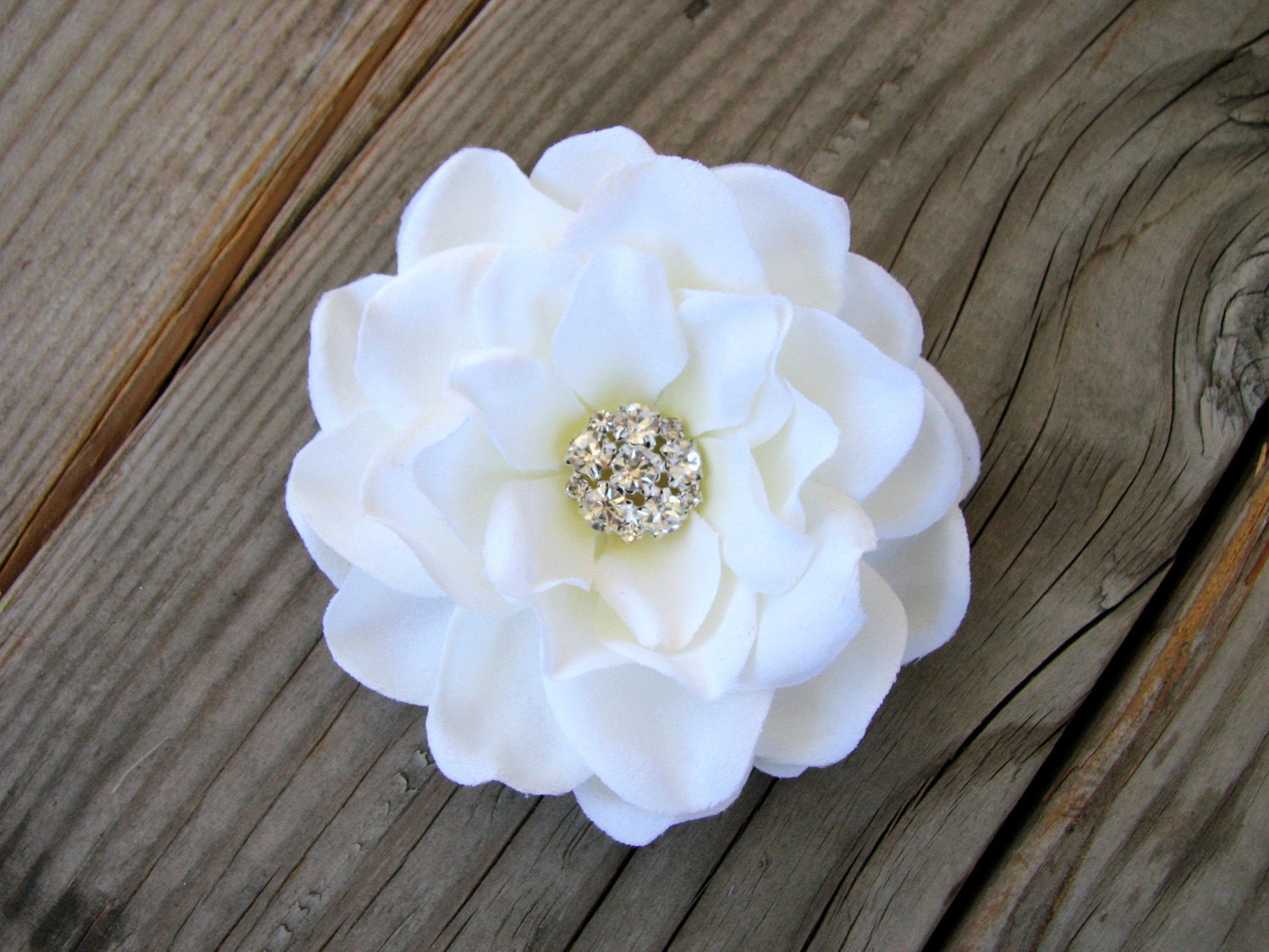 Bridal Antique White Flower Hair Clip Fascinator Gardenia with a Small Cluster of Rhinestones Center