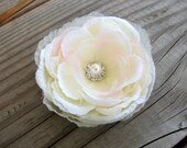 Shimmering Ivory Ranunculus Flower Fascinator Hair Clip with Pearl Center and Rhinestone Center