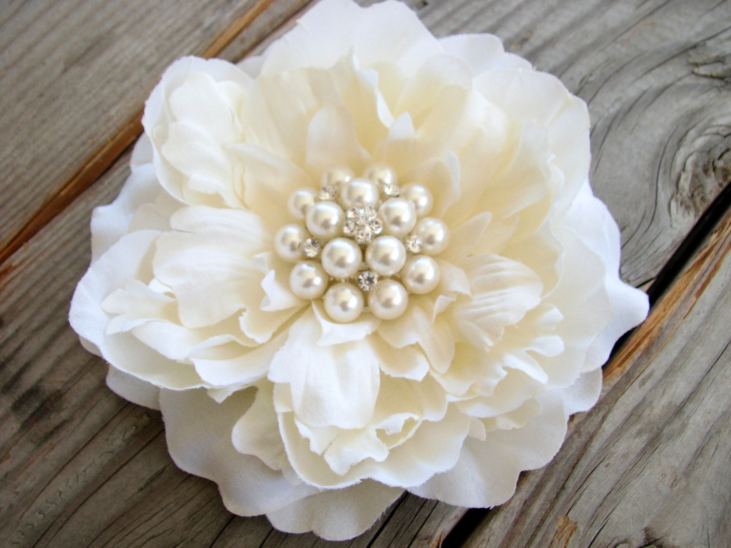 Ivory Flower Fascinator Hair Clip Peony with Large Cluster of Pearls and Rhinestone Center