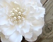 Bridal White Peony Flower Hair Clip with a Large Cluster of Pearls and Rhinestones