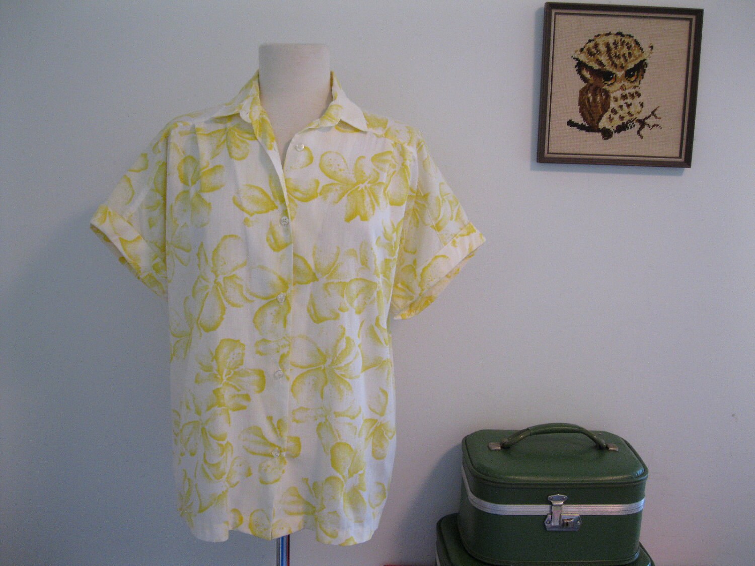 vintage tunic top blouse YELLOW FLORAL tropical 1980s 80s NOS hawaii