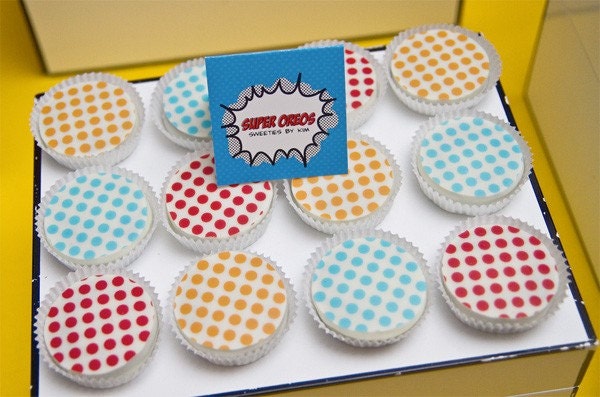 1 Doz SUPER HERO Birthday Party Designer Chocolate Covered Oreos Colored Polka Dots