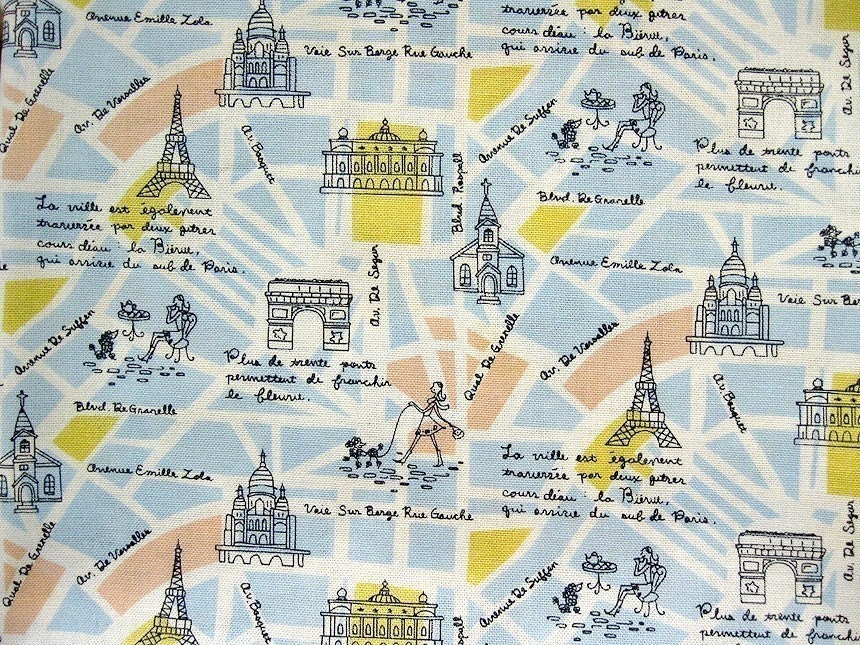 Japanese Cotton Fabric - French Map on Blue - Half Yard