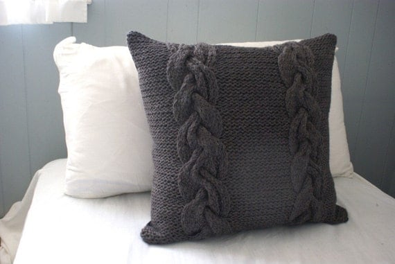 Chunky Braided Cabled Knit Pillow Sham in Dark Gray, Sweater Pillow, Throw Pillow, Knit Pillow, Knit Home Decor
