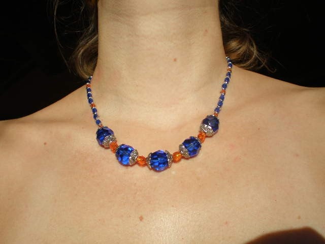 Orange, Colbalt Blue, and Silver Bead Necklace
