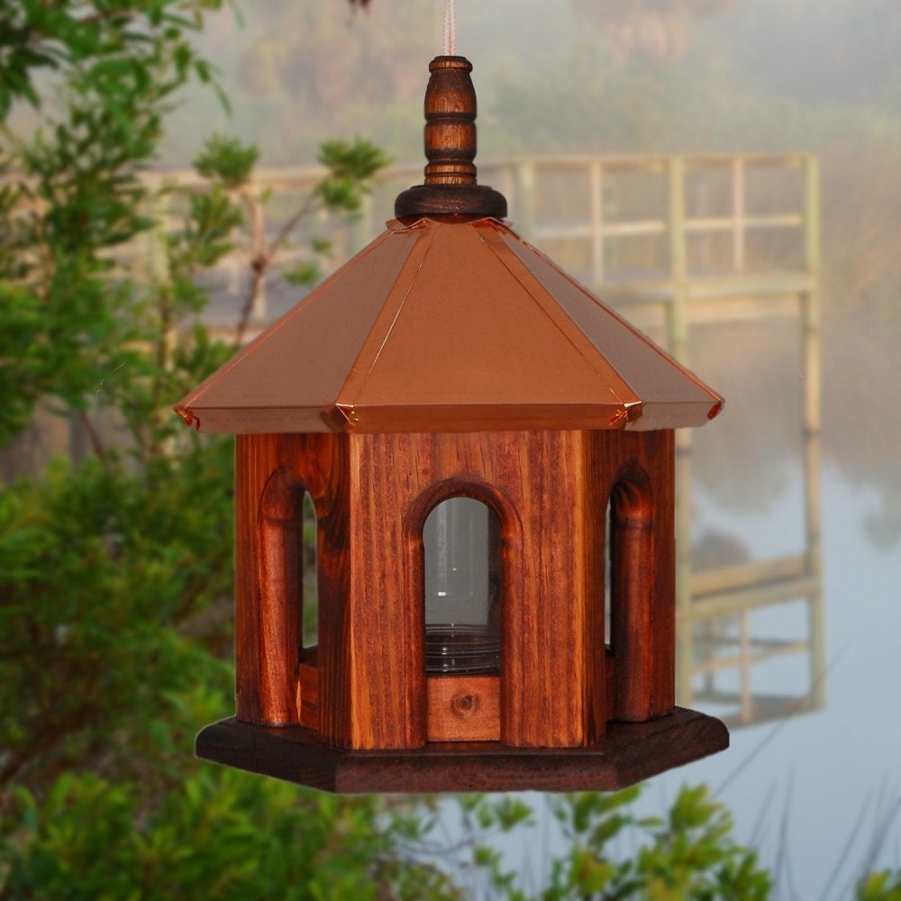 Bird Feeder Hanging Copper Roof Stain Wood Landscape Home and Garden