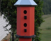 Outdoor Birdhouse Handcrafted Wood Painted Rose with Black Accent  Tin Roof
