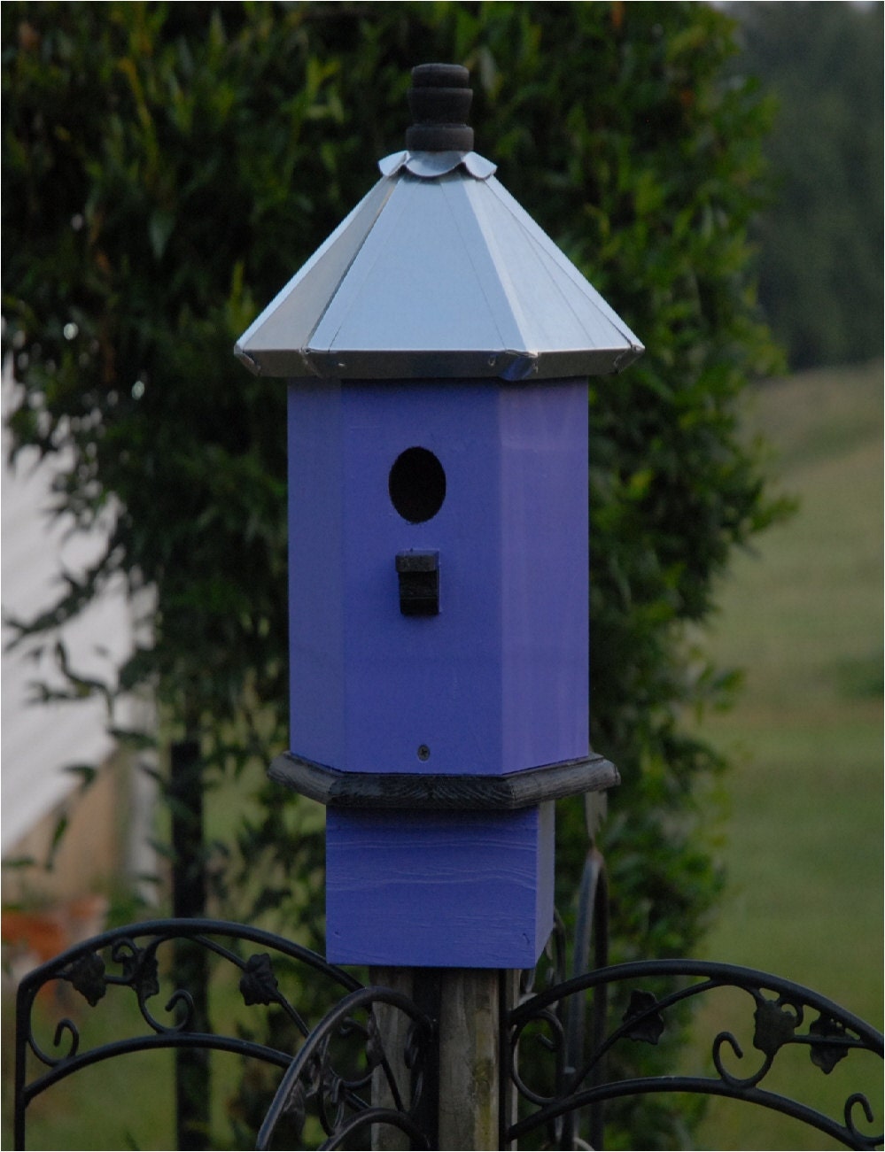 Blue bird House Handcrafted Metal Roof Wooden Painted Lilac Black Seaside Cottage Chic