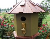 Woodland Rustic Bird House Farmhouse Style wooden painted moss birdhouse with wooden shake roof