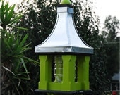 Bird Feeder Handcrafted Metal Roof Wooden Painted Apple with Black Home and Garden Accents