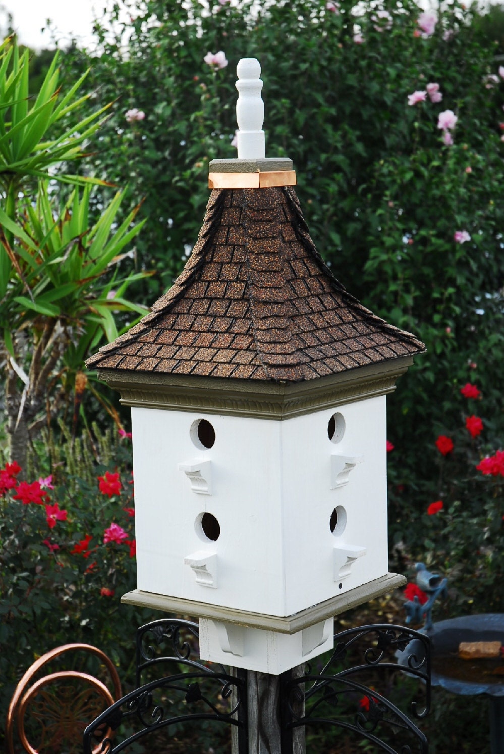 Handcrafted Bird House Elegant Large Birdhouse Painted Pagoda Style Asphalt Shingle Roof