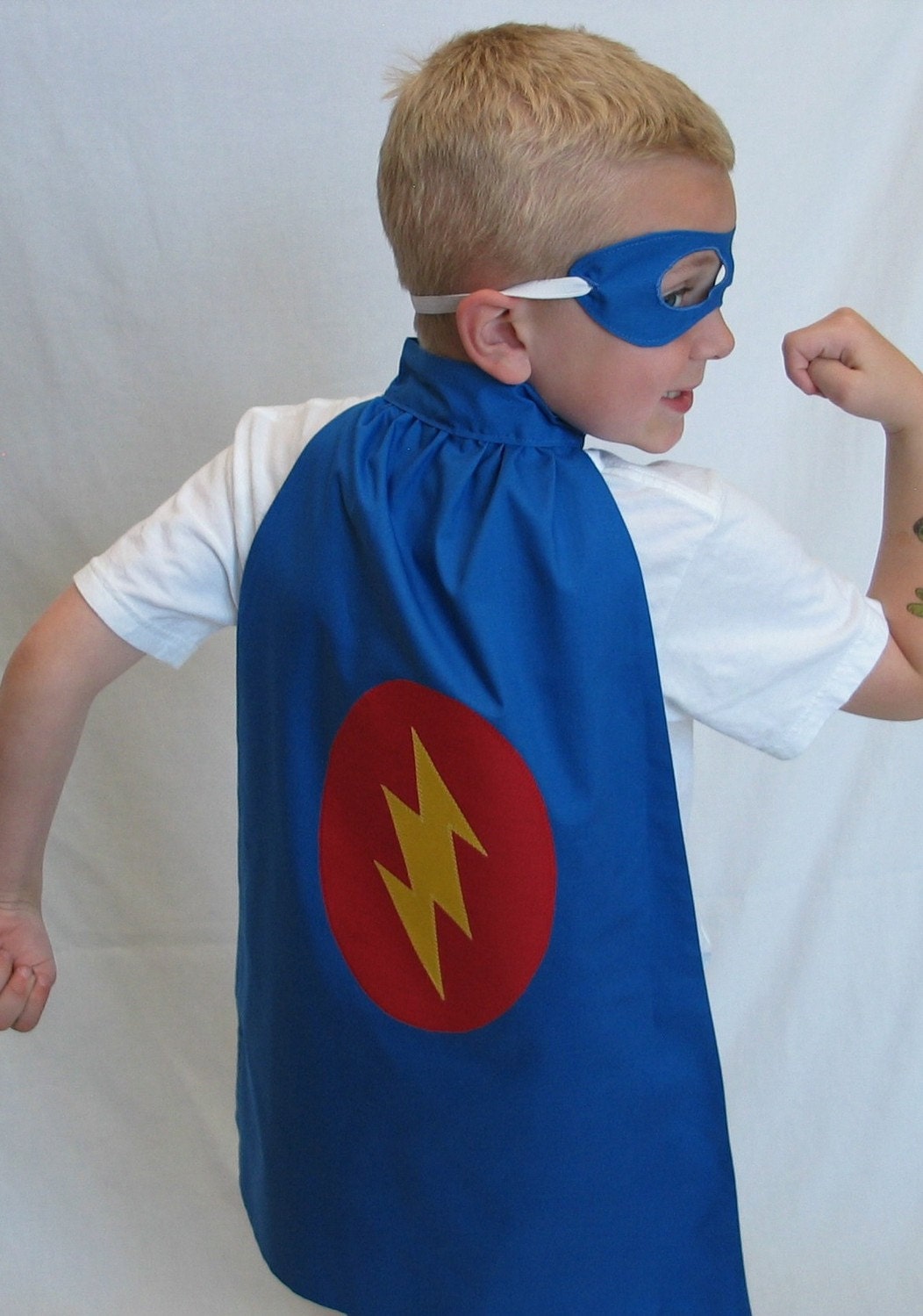 Little Super Hero Cape and Mask Set - Blue with Lightning Bolt