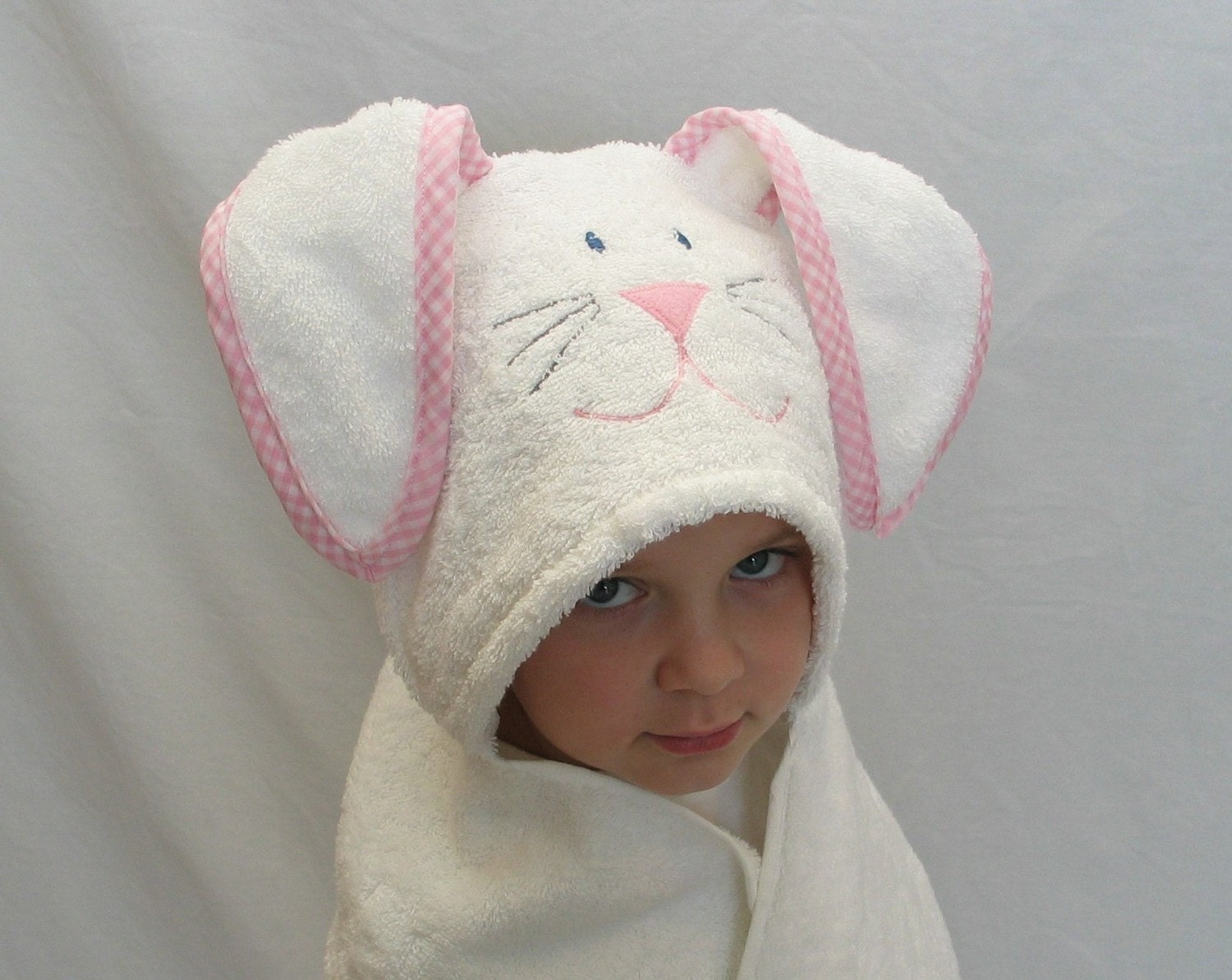 PERSONALIZED Bunny Rabbit Hooded Bath Towel- pink gingham trim -  Infant / Toddler / Child