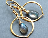 Gem Quality Labradorite Earrings, Gold Lotus Petal Charm