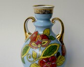 Gorgeous Noritake Vintage Vase - Tropical Flowers in Scarlet Red, Lemon Yellow, Lime Green, Robins Egg Blue, Gold Trim