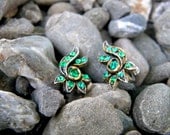 Groovy Vintage Earrings - Green Rhinestone Spiral Screw Back c. 1950s
